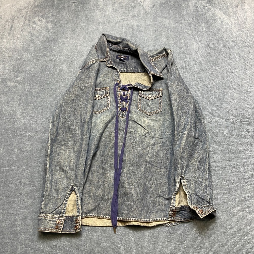 Vintage Nautica Denim Shirt Womens Large Blue Purple Lace Up Cotton Outdoor